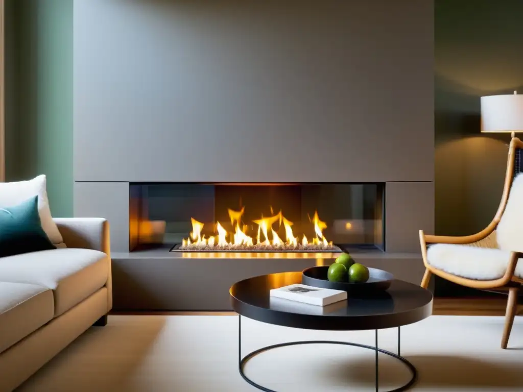 Chimenea bioetanol para hogares sostenibles: ambiente acogedor con llama brillante y decoración minimalista en tonos terrosos