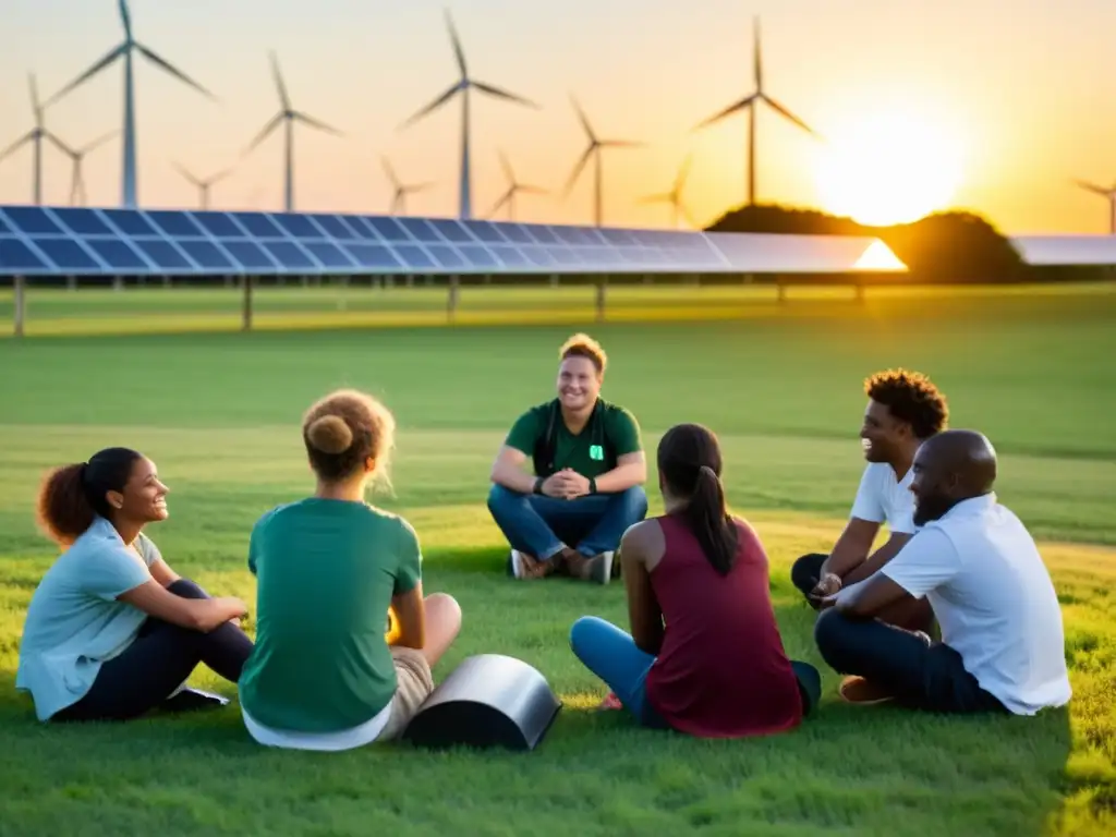 Un círculo de estudiantes con cintas verdes, colaborando rodeados de energía renovable al atardecer