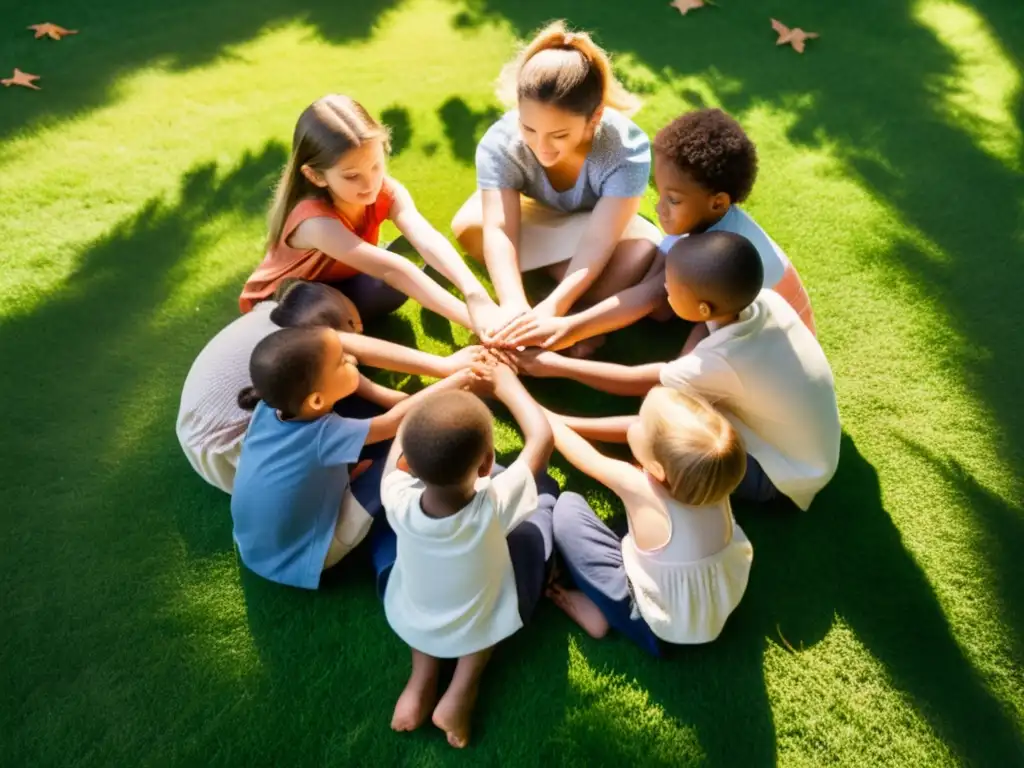 Un círculo de niños en la naturaleza, mirando al cielo con asombro y preocupación