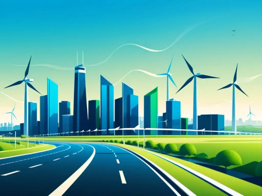 Skyline futurista: ciudad sostenible con energía renovable Una ciudad futurista con edificios energéticamente eficientes, paneles solares y turbinas eólicas integradas