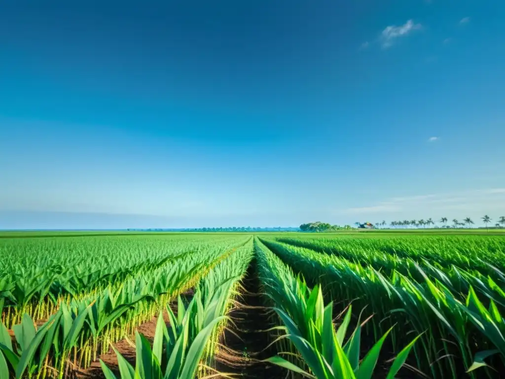 Involucrar ciudadanos en bioenergía sostenible: Campo de caña de azúcar vibrante bajo cielo azul, con viviendas en la distancia