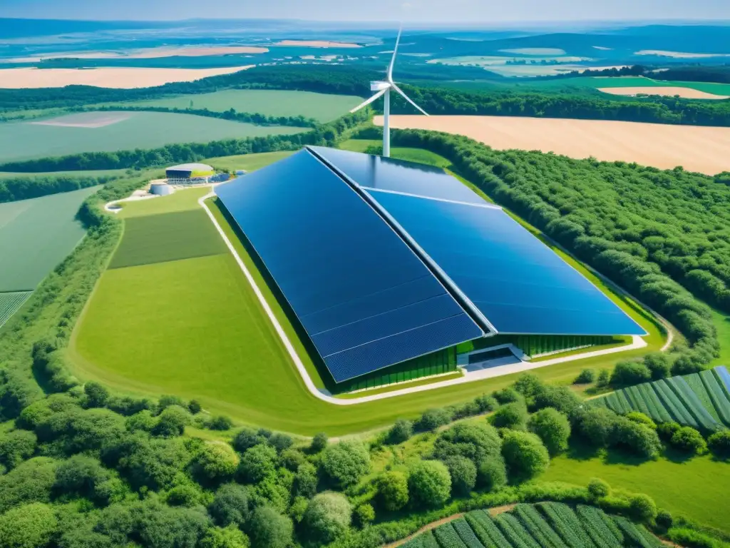 Involucrando ciudadanos en bioenergía sostenible: planta de energía sostenible con paneles solares y molinos eólicos en paisaje verde y cielo azul