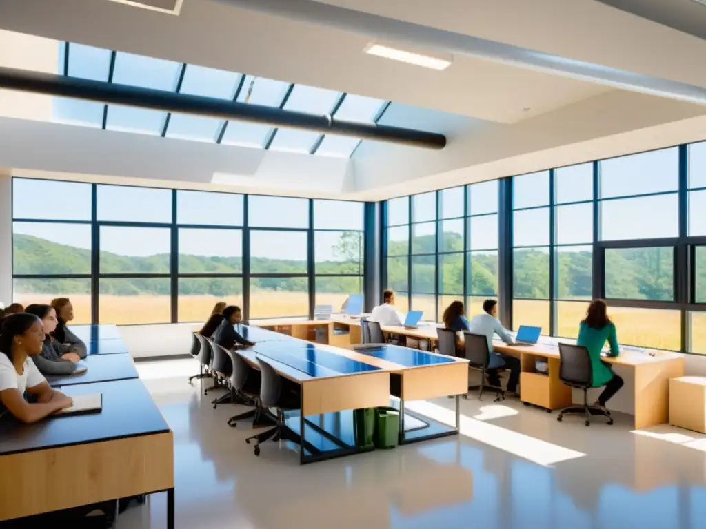 Clase sostenible con luz natural, paneles solares y estudiantes comprometidos