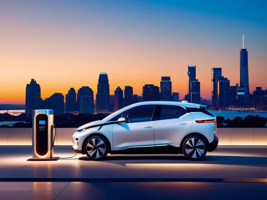 Un coche eléctrico de diseño futurista se carga en una estación minimalista, con una ciudad bulliciosa al atardecer