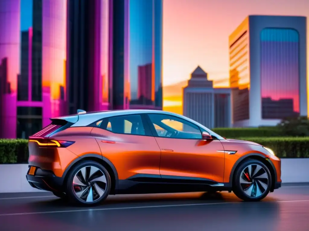 Un coche eléctrico moderno en la ciudad al atardecer, con luces brillantes y edificios futuristas