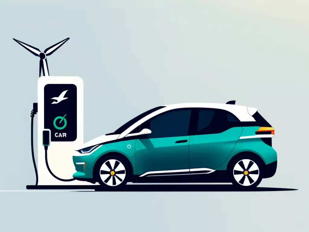 Coche eléctrico moderno en estación de carga Un coche eléctrico moderno conectado a una estación de carga, rodeado de símbolos de energía renovable