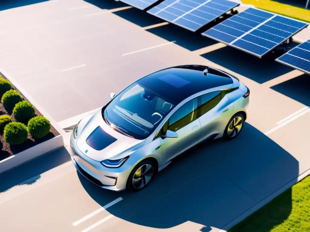 Un coche eléctrico moderno y elegante estacionado en un lote soleado, con paneles solares en el techo de un edificio, capturando la luz solar para alimentar el vehículo