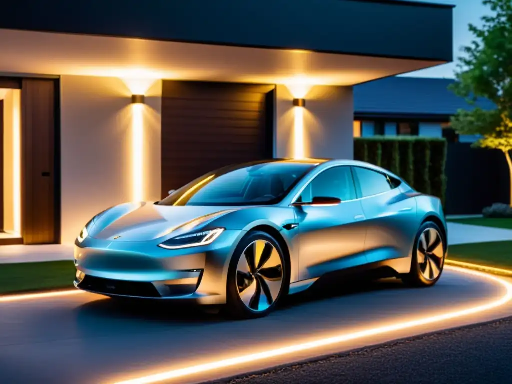 Un coche eléctrico moderno y elegante se carga frente a una casa, mostrando su potencial como fuente energética en emergencias