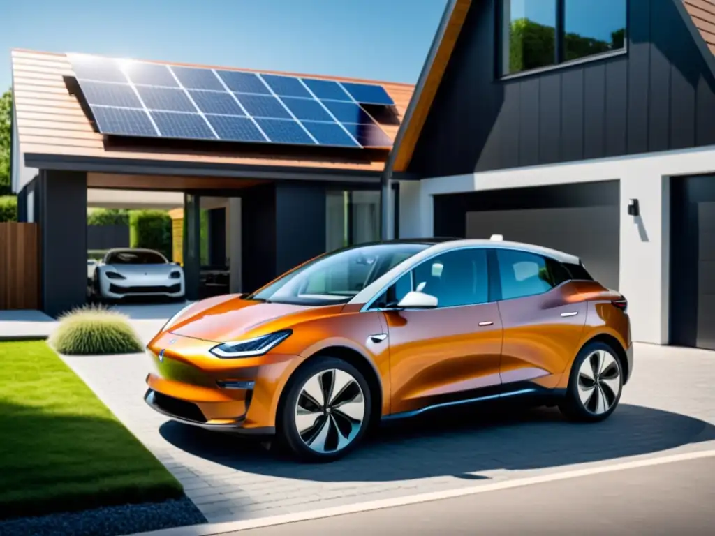 Un coche eléctrico moderno y elegante estacionado frente a una casa sostenible con paneles solares y una turbina eólica en el jardín