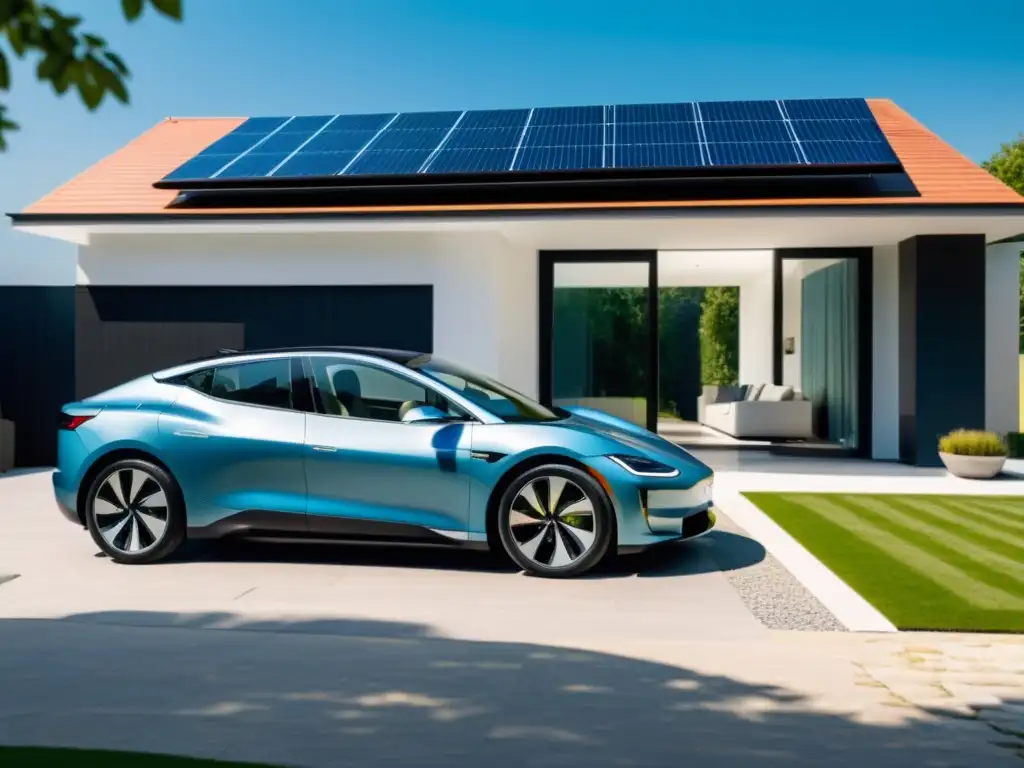 Coche eléctrico moderno estacionado en casa sostenible con energía solar