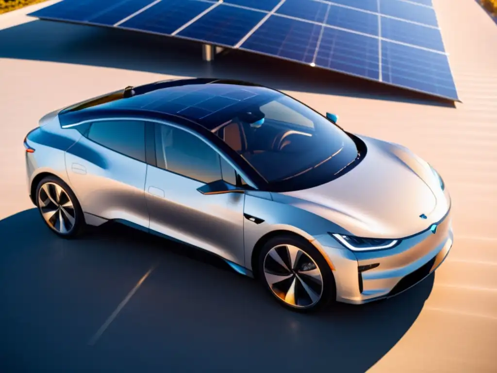 Un coche eléctrico moderno bajo paneles solares, reflejando la luz cálida