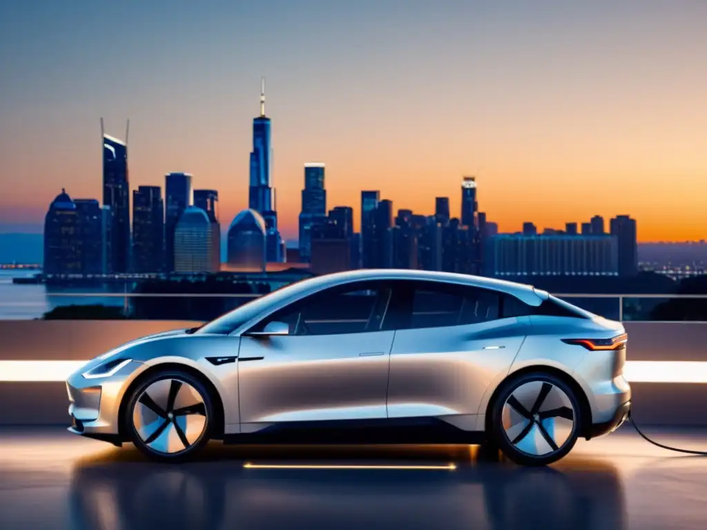 Un coche eléctrico plateado se carga en una estación moderna al atardecer en la ciudad