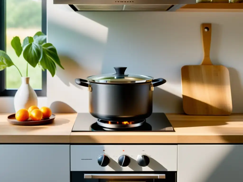 Una cocina acogedora y minimalista con luz natural, un moderno fogón y una olla de biocombustible cocinando una deliciosa comida sostenible