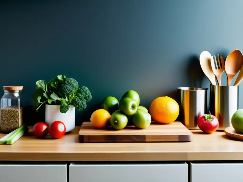 Cocina sin desperdicio: Cocina minimalista con frutas frescas y utensilios modernos en una atmósfera luminosa y vibrante