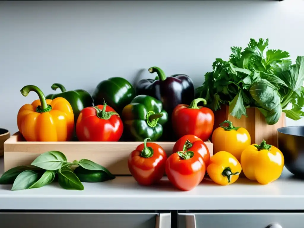 Una cocina llena de vegetales frescos y coloridos, transmitiendo la idea de cocinar sin desperdicio con ingredientes naturales