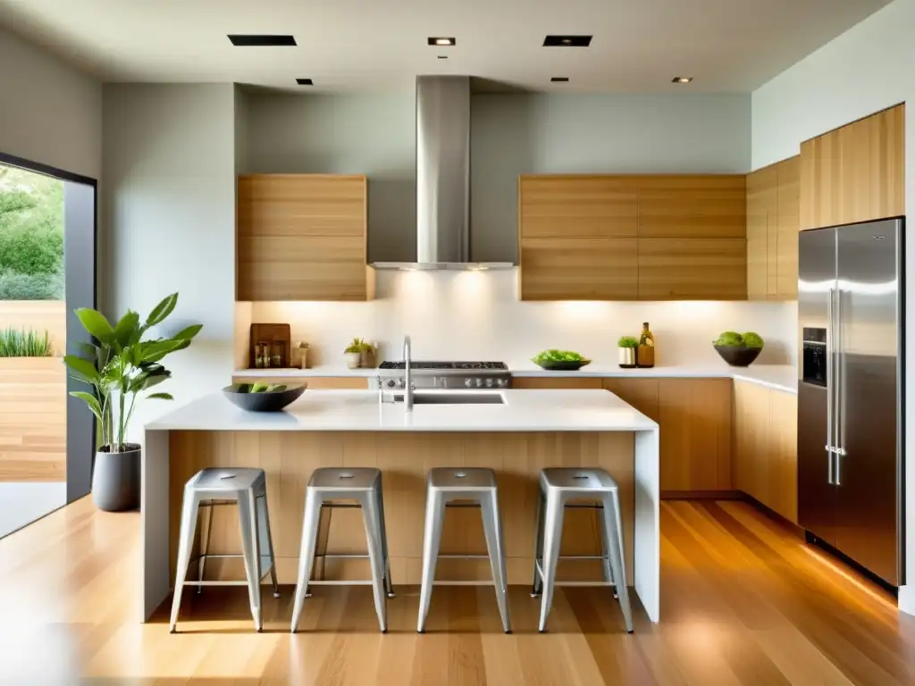 Cocina sostenible y minimalista: elegancia natural Cocina ecológica con materiales de construcción sostenibles, como suelos de bambú y electrodomésticos de acero inoxidable eficientes