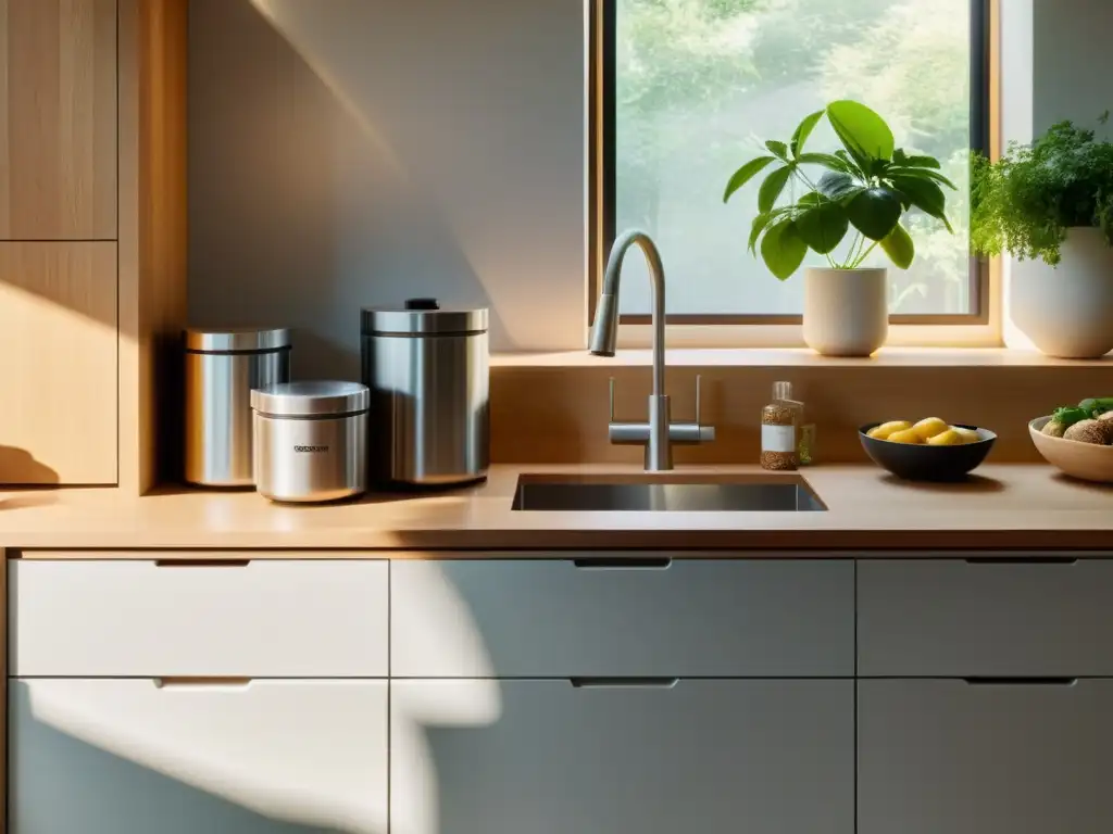 Una cocina minimalista con contenedores separados para reciclaje, compost y residuos, bañada por la luz del sol