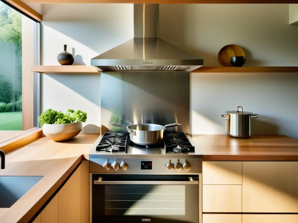 Una cocina minimalista con un elegante horno a biocombustible sostenible como punto focal