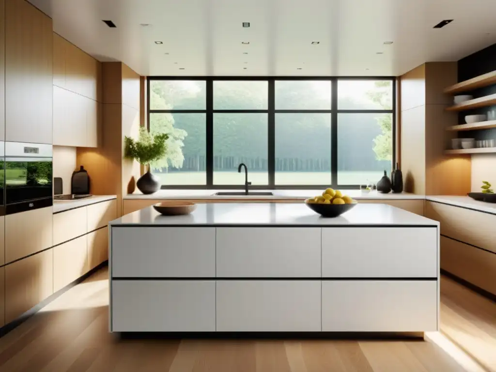 Una cocina minimalista con encimeras blancas elegantes y gabinetes de madera clara