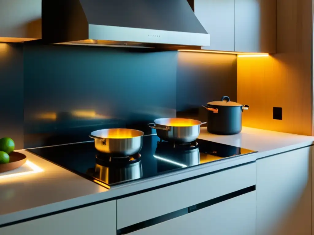 Cocina minimalista con estufa moderna de biocombustibles, iluminación natural y energía rural sostenible