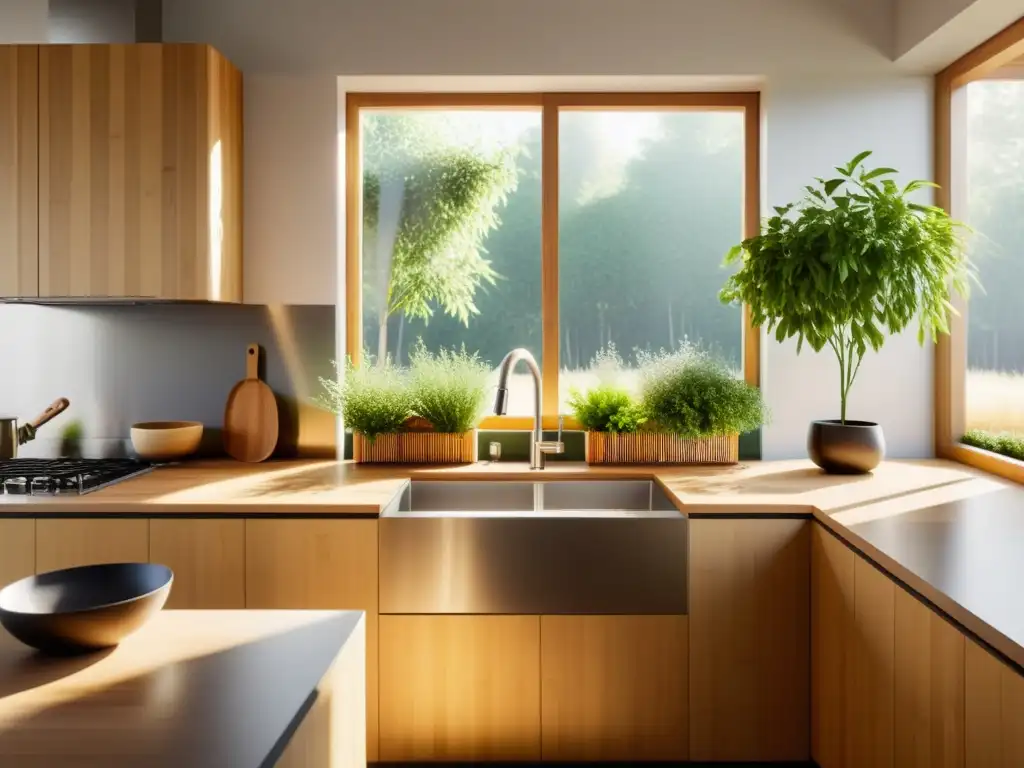 Una cocina minimalista iluminada por el sol con electrodomésticos energéticamente eficientes y una estación de reciclaje