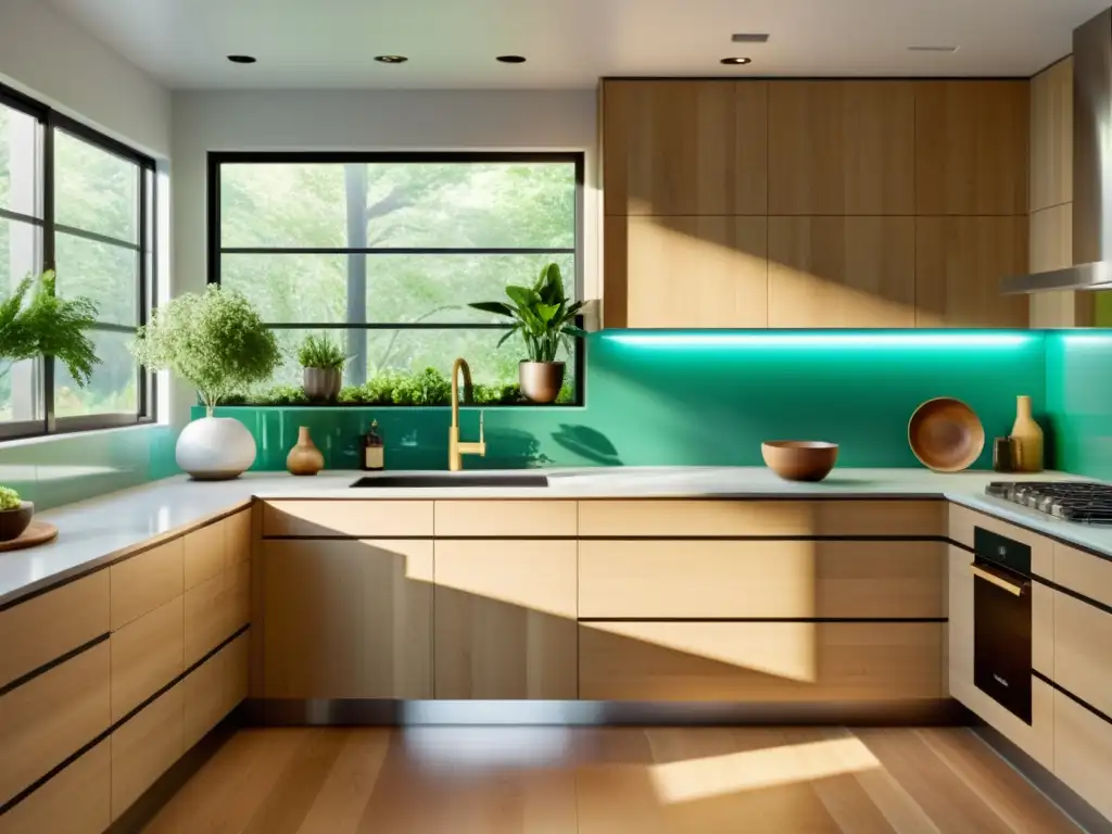 Una cocina minimalista con materiales ecomateriales para construcción sostenible, iluminada por luz natural y acentos verdes