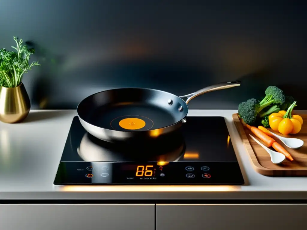 Una cocina minimalista con una moderna placa de inducción, resaltando tecnologías eficientes para cocinar