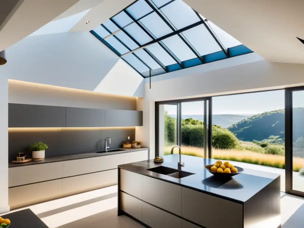 Una cocina minimalista con paneles solares integrados, captando la luz solar para una gestión inteligente de recursos hídricos y energía renovable