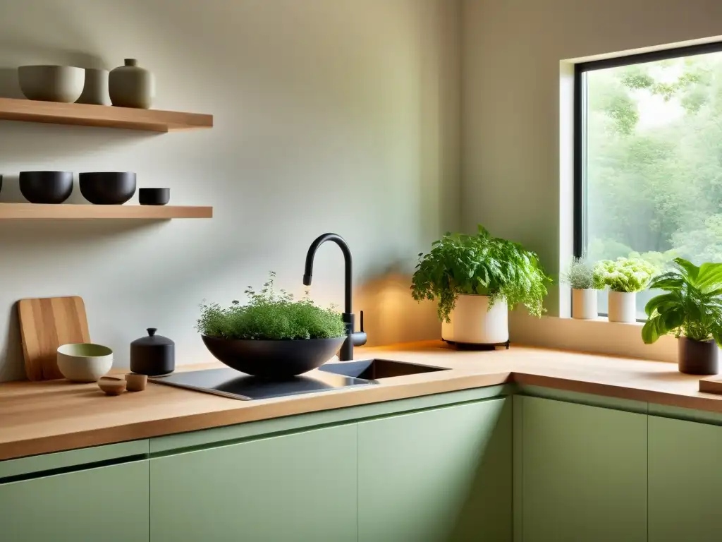 Una cocina moderna con un biodigestor integrado en la encimera, rodeado de hierbas y luz suave