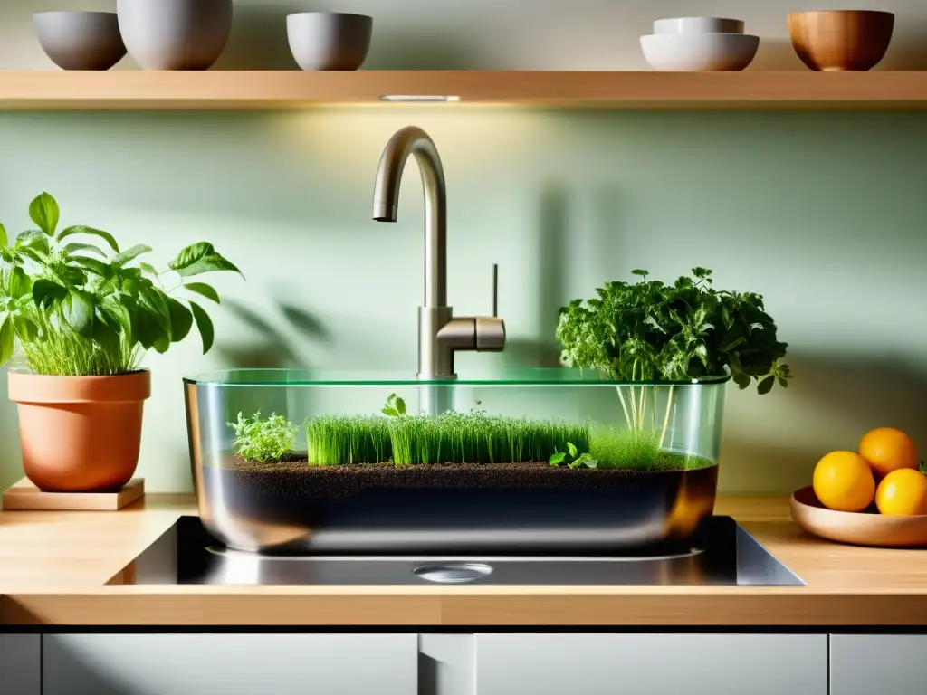 Una cocina moderna con un biodigestor integrado en la encimera, convirtiendo residuos orgánicos en energía, bañada en luz natural y vegetación fresca