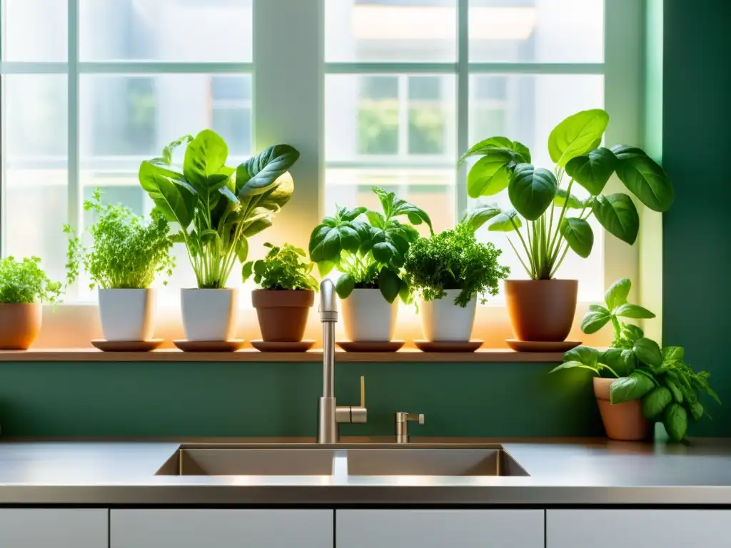 Cocina moderna con cultivos energéticos para hogar sostenible, resplandeciendo en luz natural