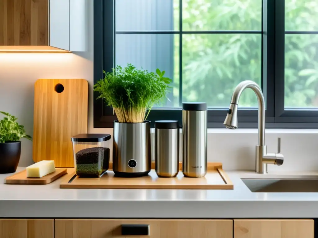 Una cocina moderna y ecológica con los mejores gadgets ecoamigables para un hogar sostenible, organizados de forma minimalista en los mostradores