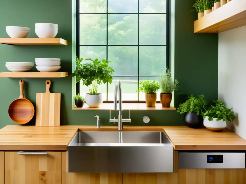 Una cocina moderna y ecológica con menús sostenibles para cocinar, encanto minimalista y luz natural