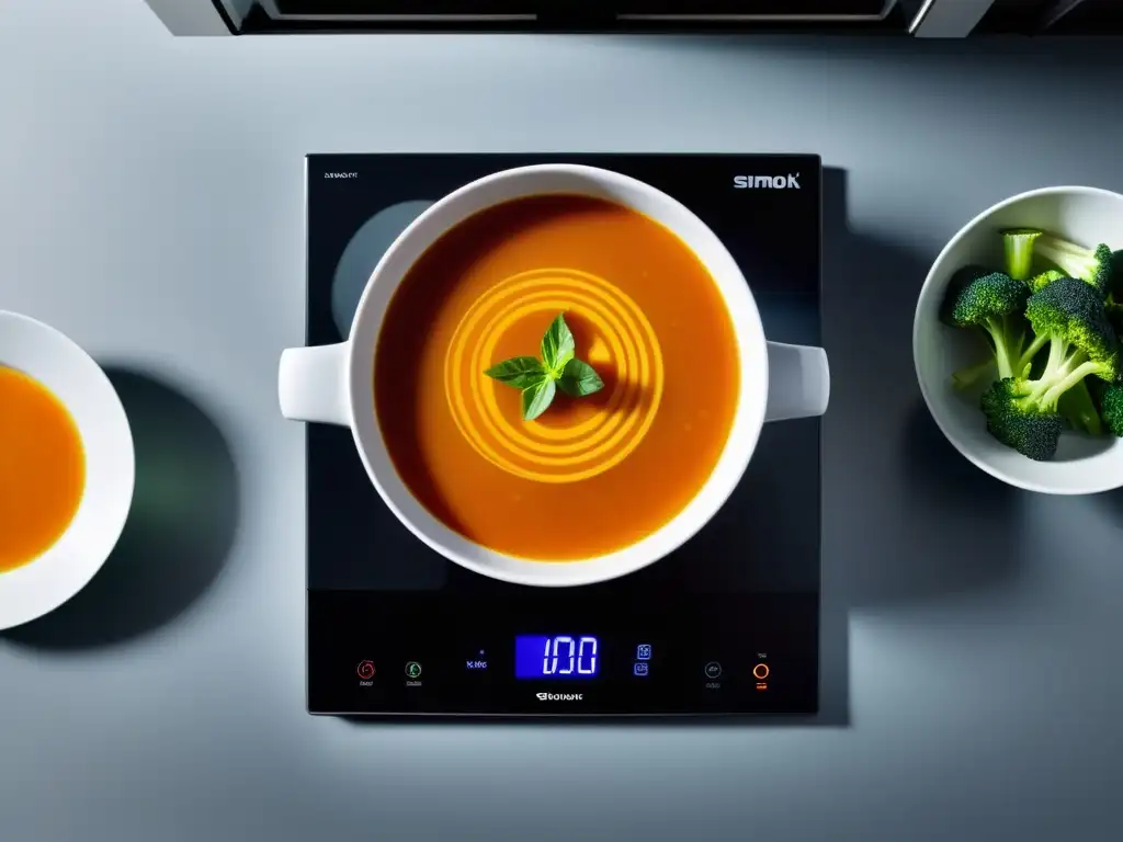 Una cocina moderna con electrodomésticos de alta eficiencia energética, donde se cocina una sopa, un té y verduras en un elegante fogón de inducción