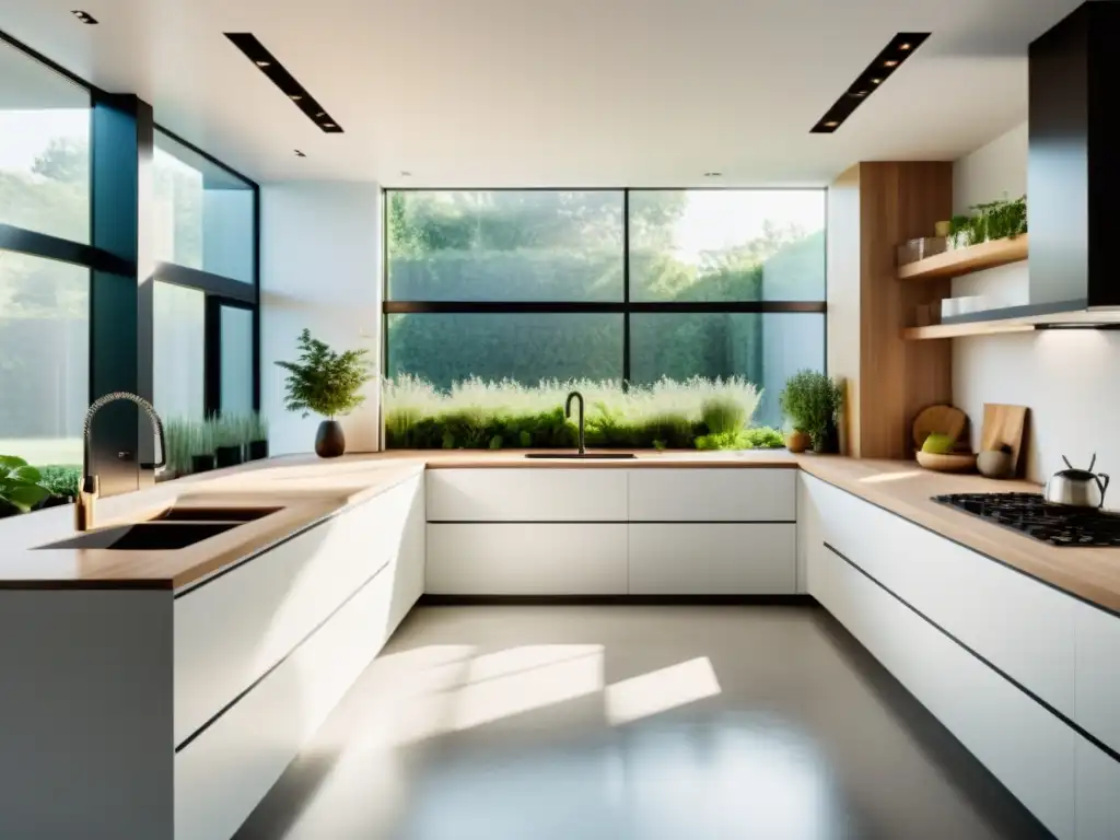 Una cocina moderna y luminosa con electrodomésticos eficientes, luz natural y un jardín de hierbas