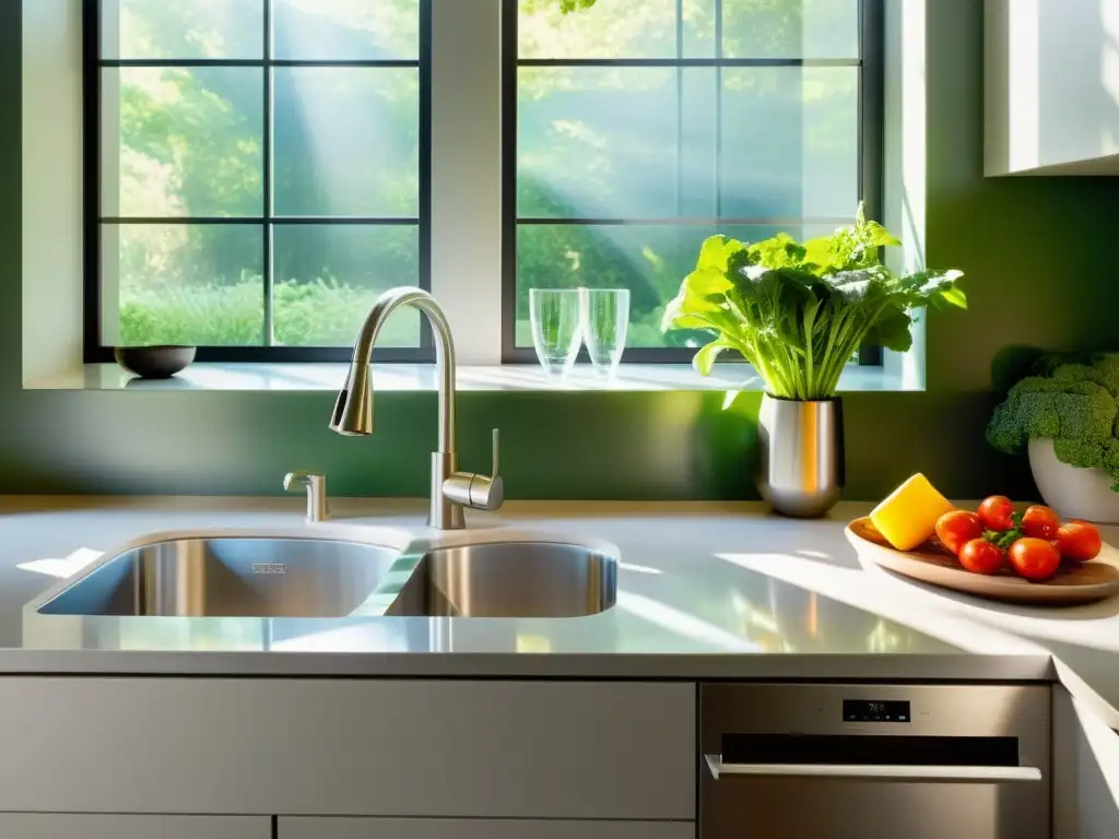 Una cocina moderna con luz natural, agua fresca y vegetales vibrantes