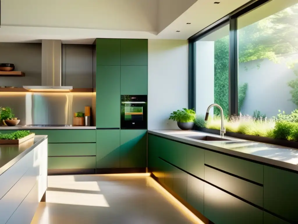 Una cocina moderna con luz natural, jardín verde y almacenamiento de energía colectivo integrado