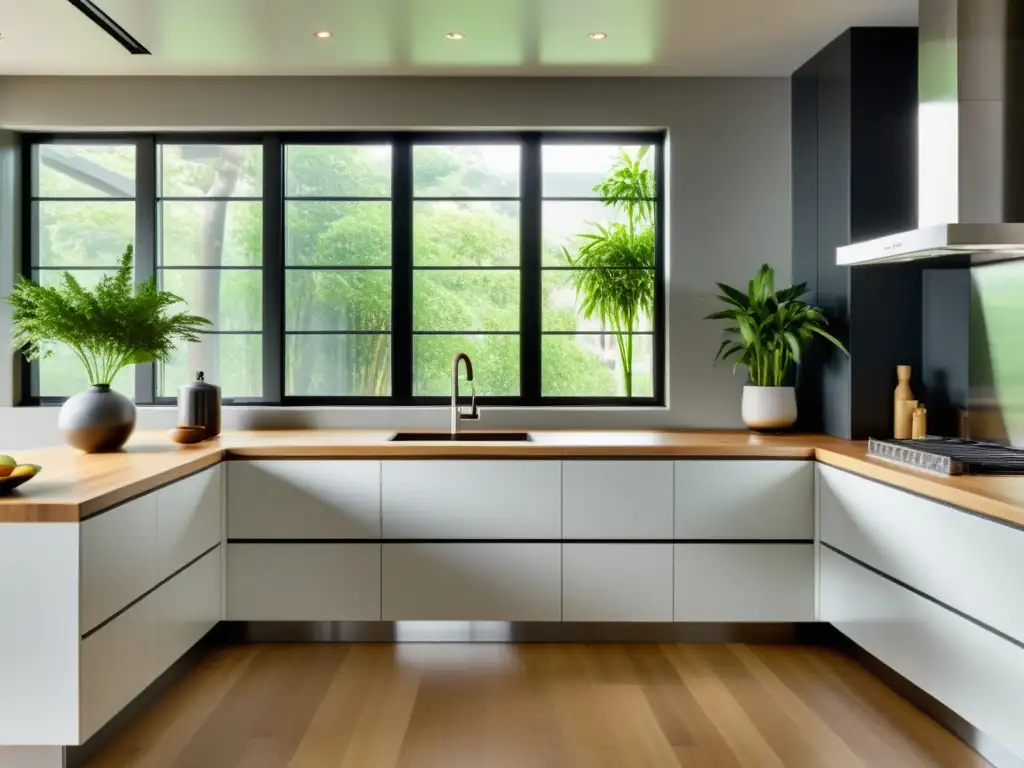 Cocina moderna con materiales sostenibles, diseño ecofriendly y mucha luz natural