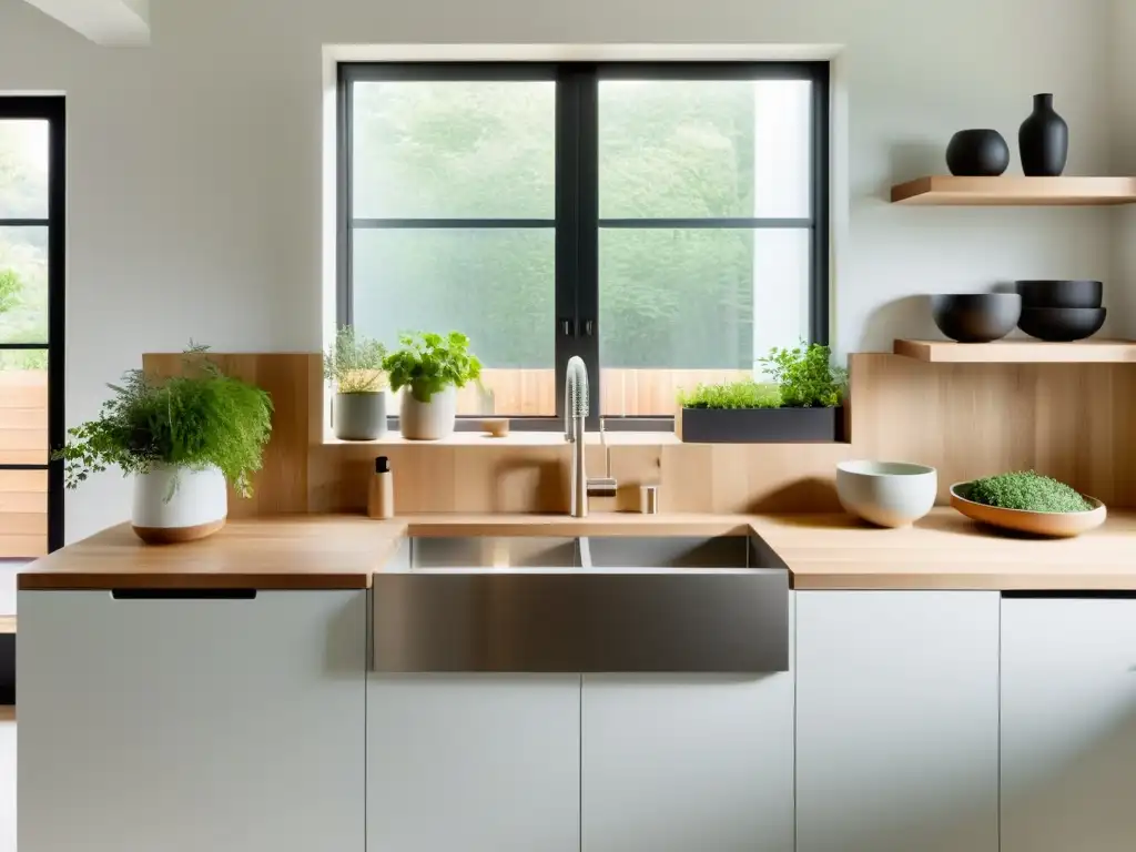 Una cocina moderna y minimalista con diseño sostenible, beneficios ambientales de usar algas, y una atmósfera serena y acogedora