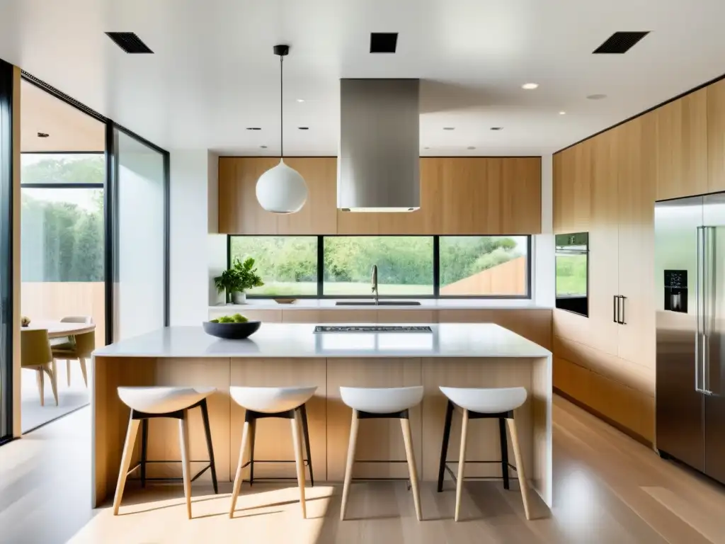 Una cocina moderna y minimalista con electrodomésticos de eficiencia energética, encimeras elegantes y mucha luz natural