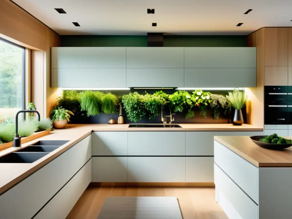 Una cocina moderna y minimalista con electrodomésticos eficientes, luz natural y un jardín interior de hierbas y verduras frescas