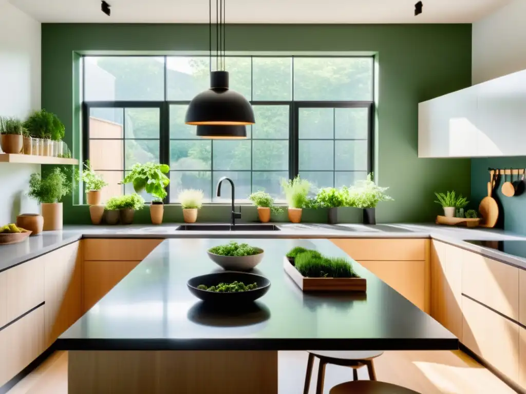 Una cocina moderna y minimalista con electrodomésticos eficientes, estación de reciclaje y luz natural