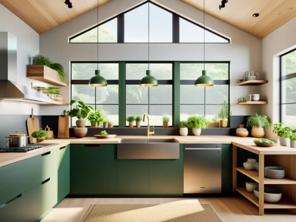 Cocina moderna y ecológica con luz natural y electrodomésticos eficientes Una cocina moderna y minimalista con electrodomésticos energéticamente eficientes, un centro de reciclaje y mucha luz natural