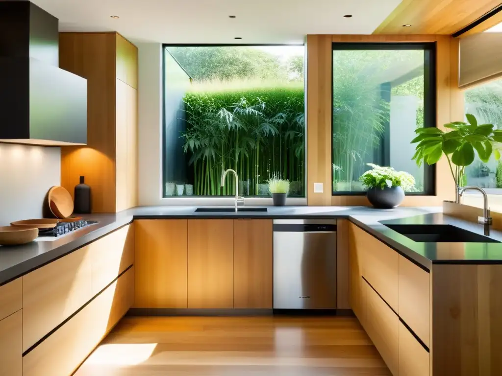 Una cocina moderna y minimalista con electrodomésticos energéticamente eficientes, compostera y ventana con vista a un exuberante jardín