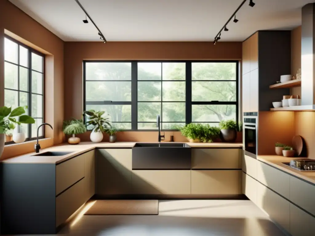 Cocina moderna y minimalista con electrodomésticos eficientes, luz natural y materiales sostenibles
