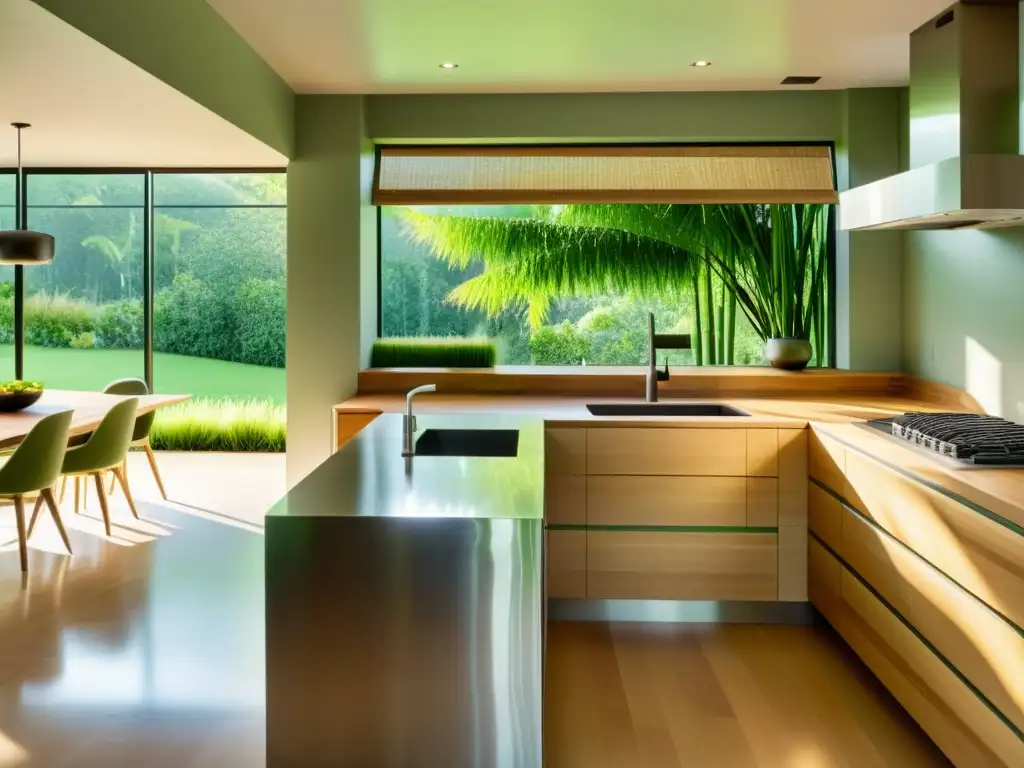 Una cocina moderna y minimalista con encimeras de bambú sostenible, electrodomésticos de acero inoxidable eficientes y una gran ventana con vistas a un exuberante jardín verde