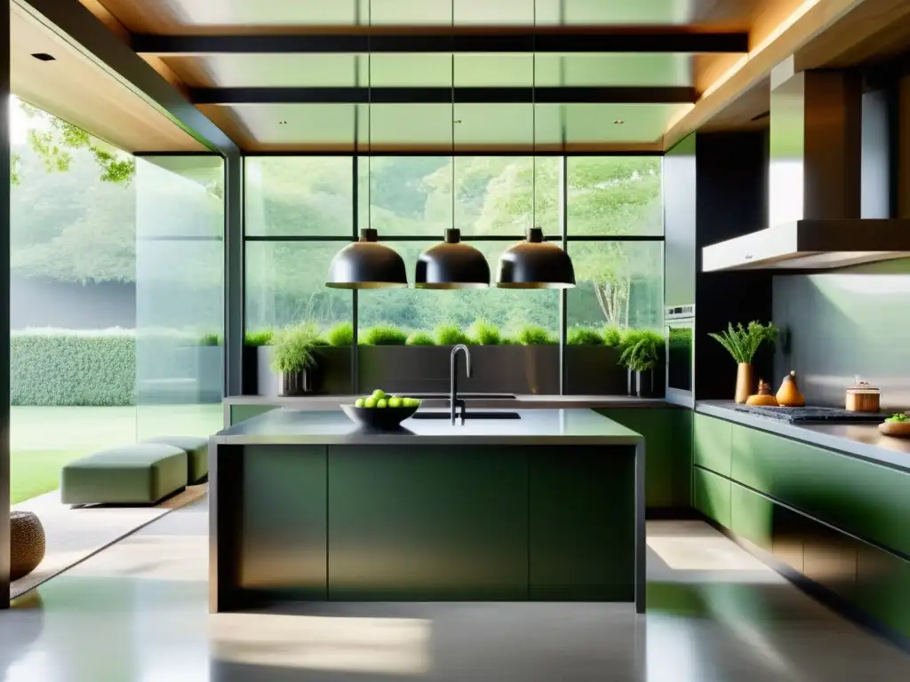 Cocina moderna y minimalista con estructuras de acero reciclado, elegante y funcional, con vistas a un jardín verde exuberante