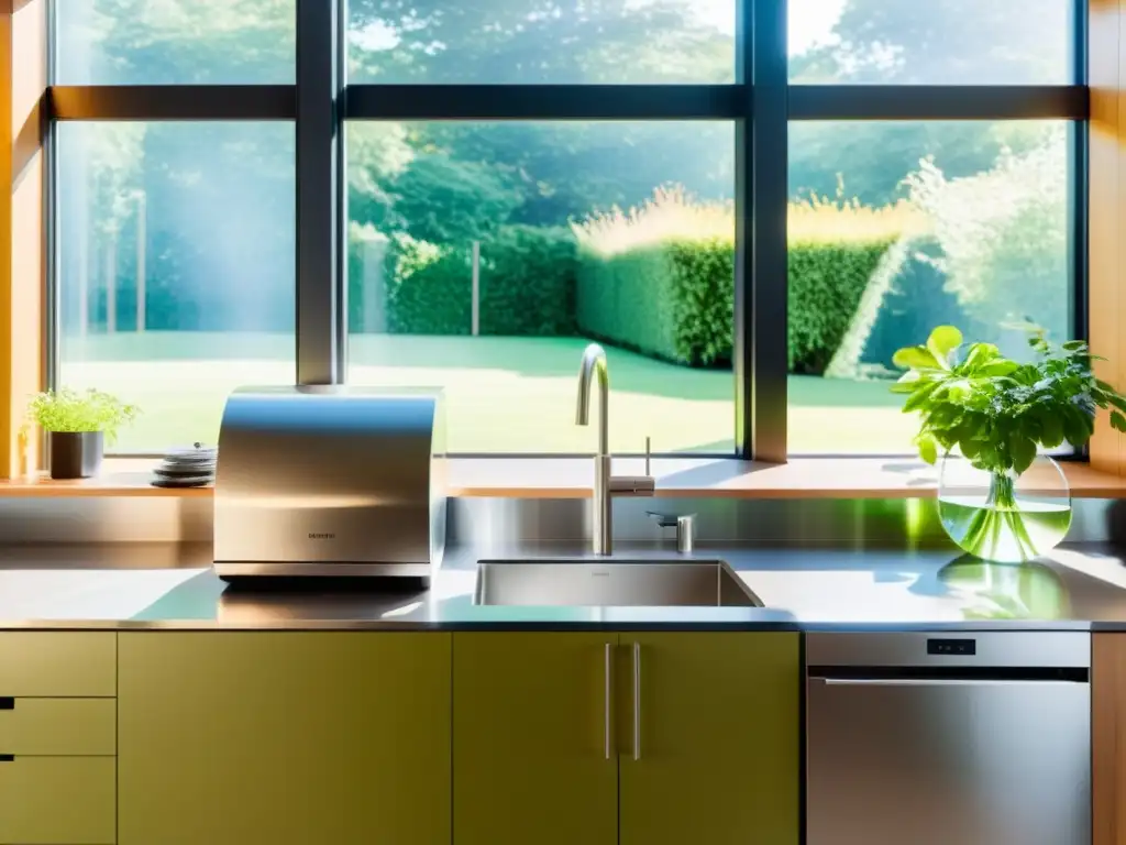 Una cocina moderna y minimalista con sistemas integrados de bioenergía, bañada por luz natural y vistas al jardín verde y exuberante