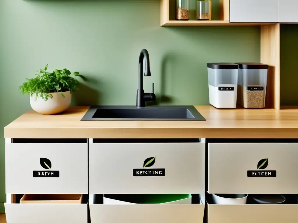 Cocina moderna integrando reciclaje y compostaje en casa, con diseño minimalista, símbolos claros y ambiente ecoconsciente