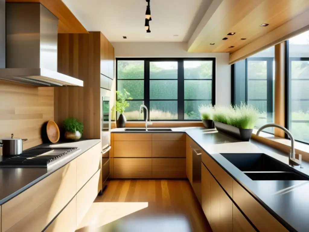 Una cocina moderna y sostenible con materiales ecoamigables y mucha luz natural